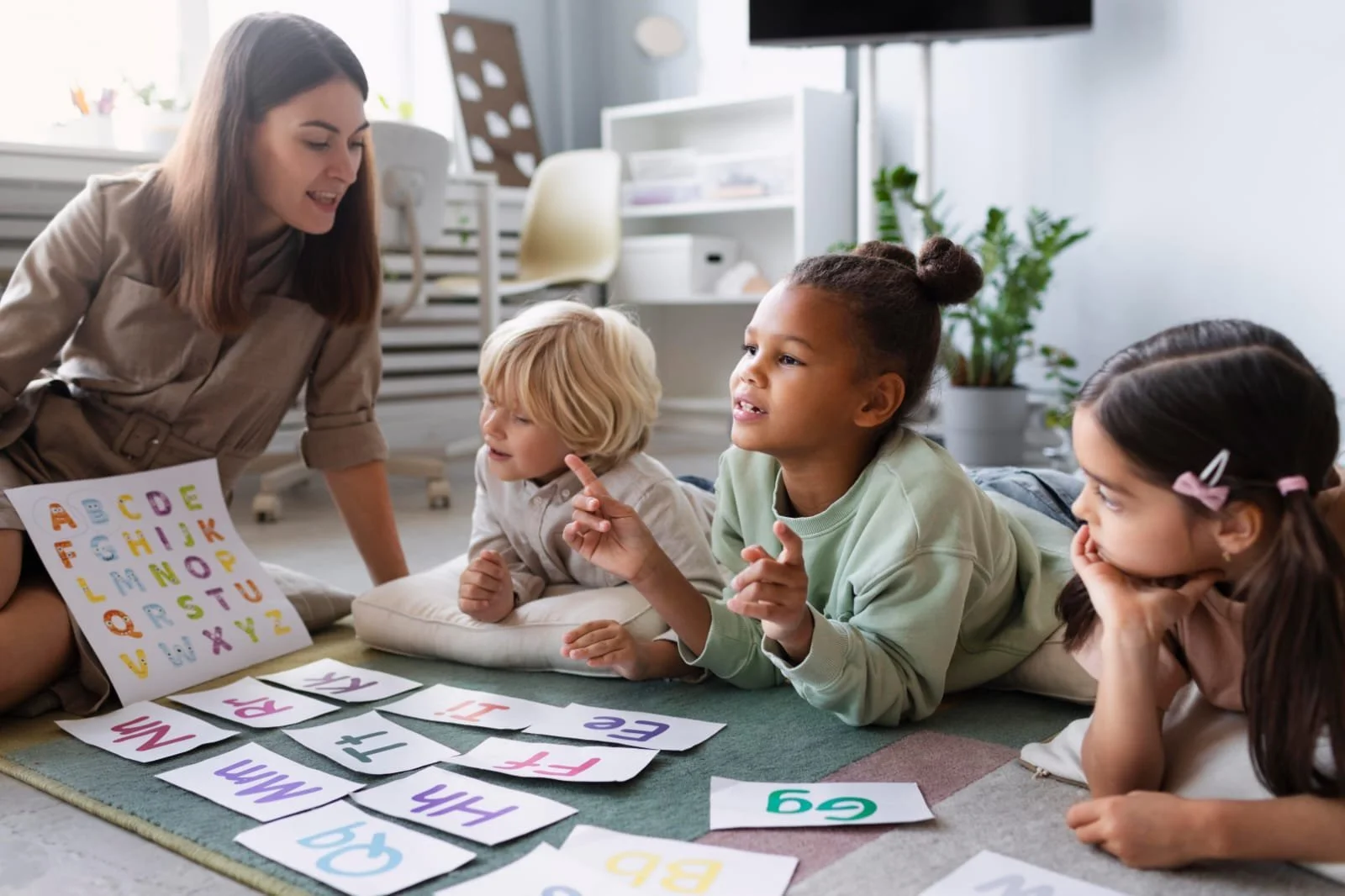 Teacher guiding children through interactive alphabet learning activities at Child Daycare Tracy.