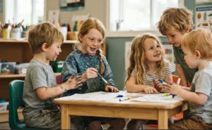 Children painting together at Child Daycare Tracy preschool classroom