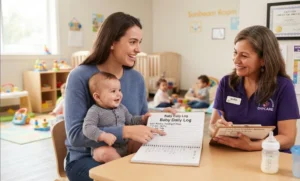 Mother smiling while reviewing baby routine and feeding log with a licensed infant care provider in a bright daycare room.