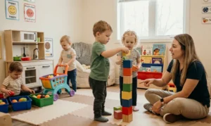 Toddlers building blocks with a teacher at a high-quality daycare in Tracy, CA.