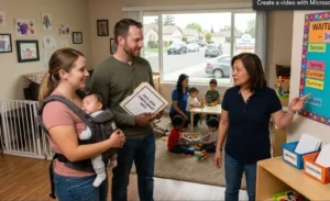 Parents touring a licensed home daycare in Tracy CA to check 2025-2026 waitlist spots for infants.