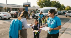 Program staff greeting parents and students with sign-out clipboards outside a Tracy Unified School District elementary school.