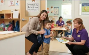Mother comforting young son entering the Butterfly Room at Tracy Community Daycare while a teacher greets them with a book.