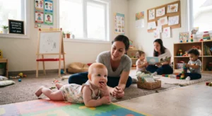Infant tummy time milestone at a child daycare in Tracy.