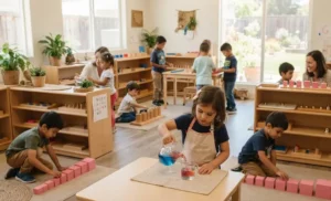 Montessori preschool classroom in Tracy with children doing hands-on learning activities.