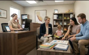 Parents reviewing daycare cost data with a director in a Tracy childcare office.