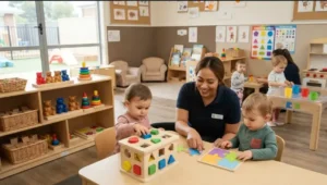 Warm and professional early childhood educator guiding toddlers with shape sorters and puzzles in a vibrant Tracy daycare classroom.